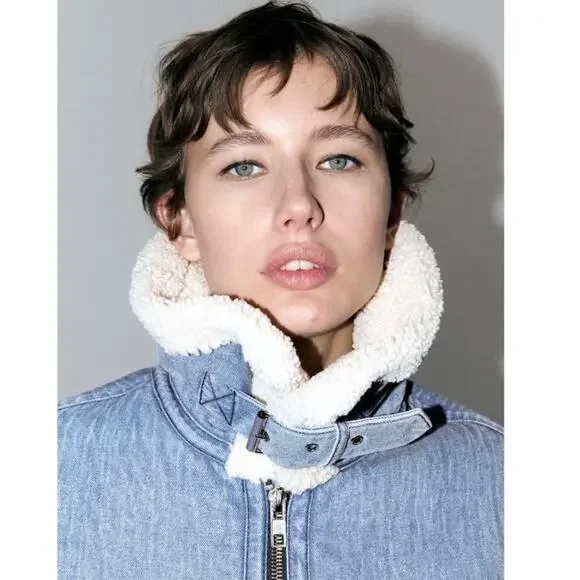 ZARA NEW FAUX SHEARLING BIKER JACKET MOTO DENIM BLUE M MEDIUM 3548/250 - Picture 12 of 16